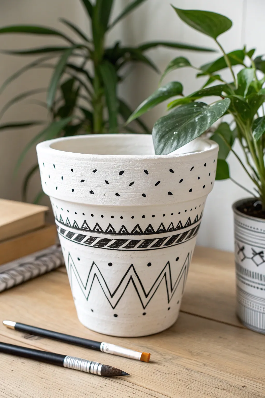 Minimal black-and-white mud cloth patterned pot idea with a chic handmade, boho-meets-Scandi vibe.