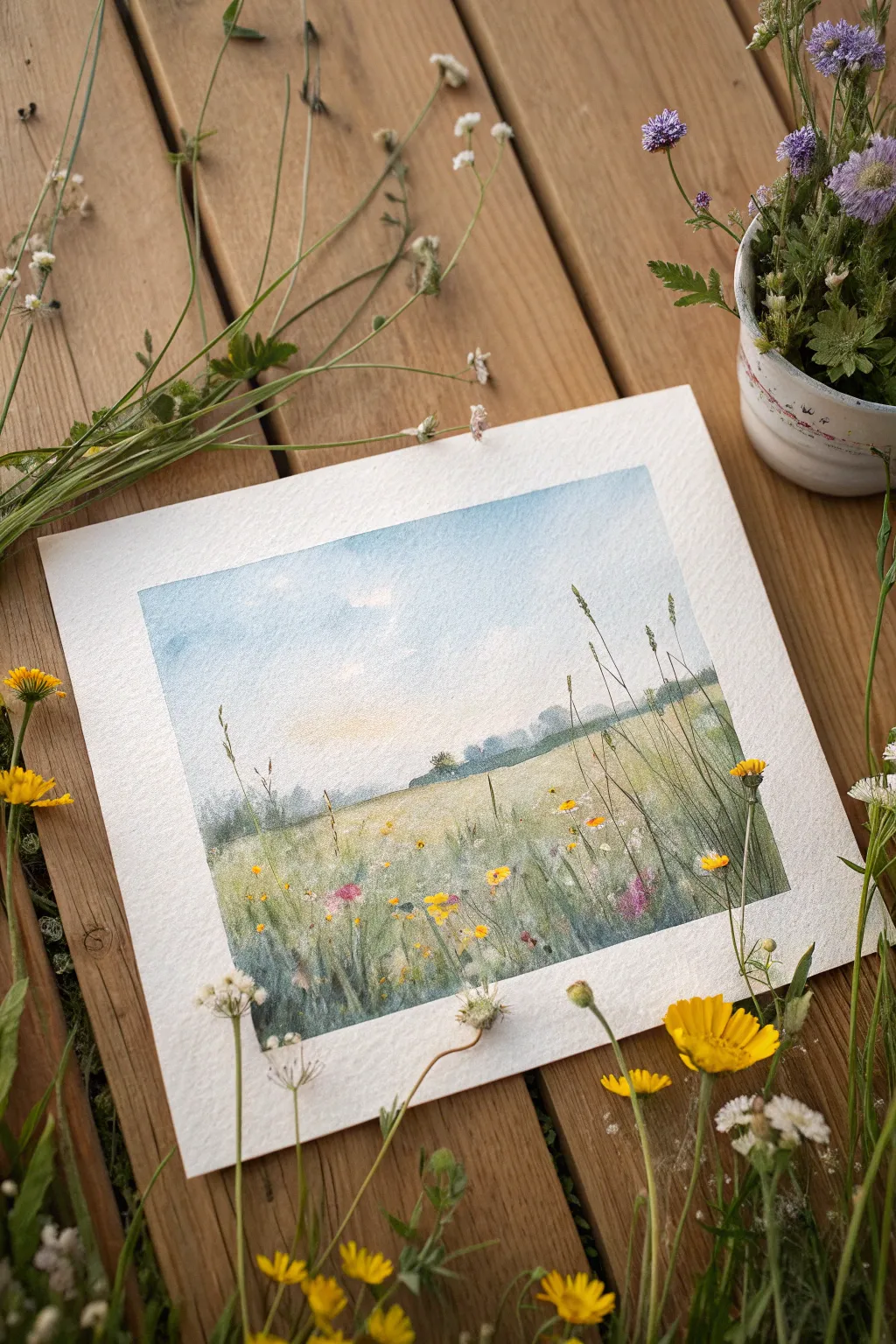 Breezy wildflower meadow in impressionistic color spots, minimalist sky, bright and airy
