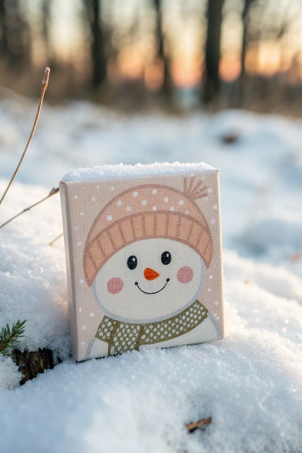 Cozy snowman portrait on a square canvas, minimal Nordic palette, soft snowy backdrop for gifting.