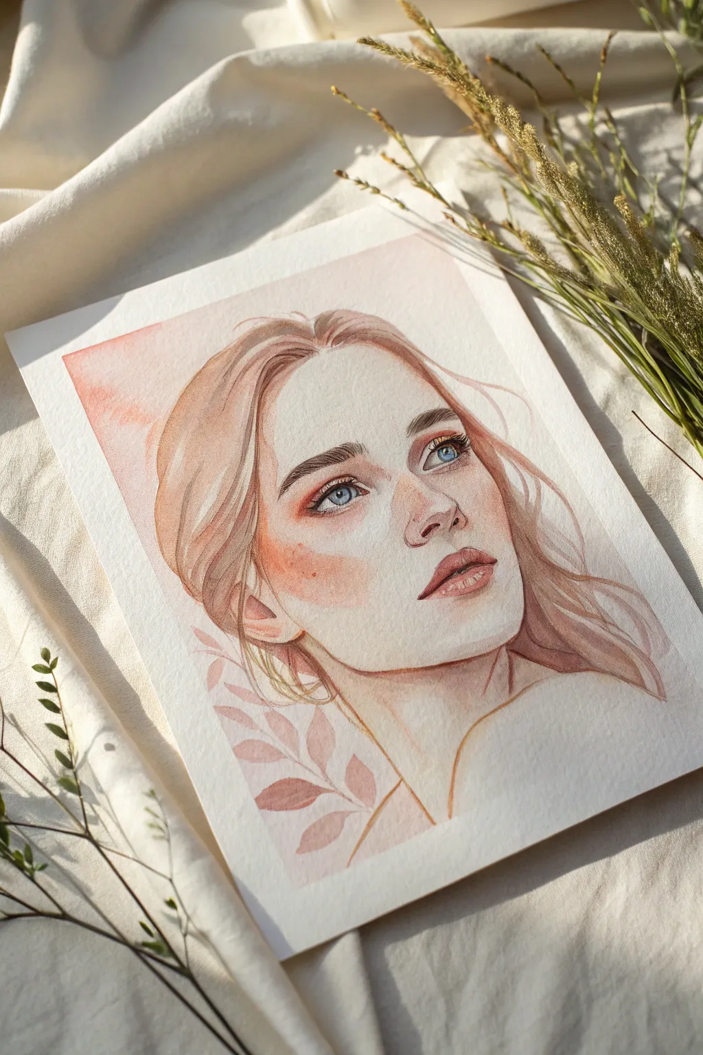 Soft dreamy portrait in blush tones, minimalist and tender, perfect painting idea for your girlfriend.