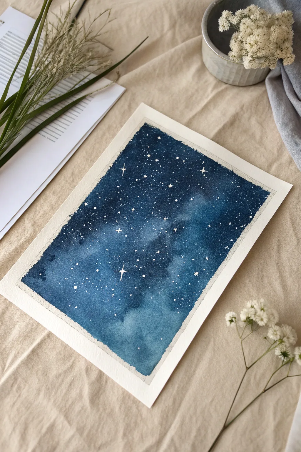 Watercolor night sky + salt blooms, a simple kid-friendly magic technique in calming minimal style.