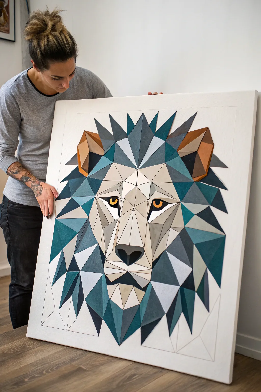 Geometric lion or wolf portrait in sharp facets, high contrast grays with one bold accent