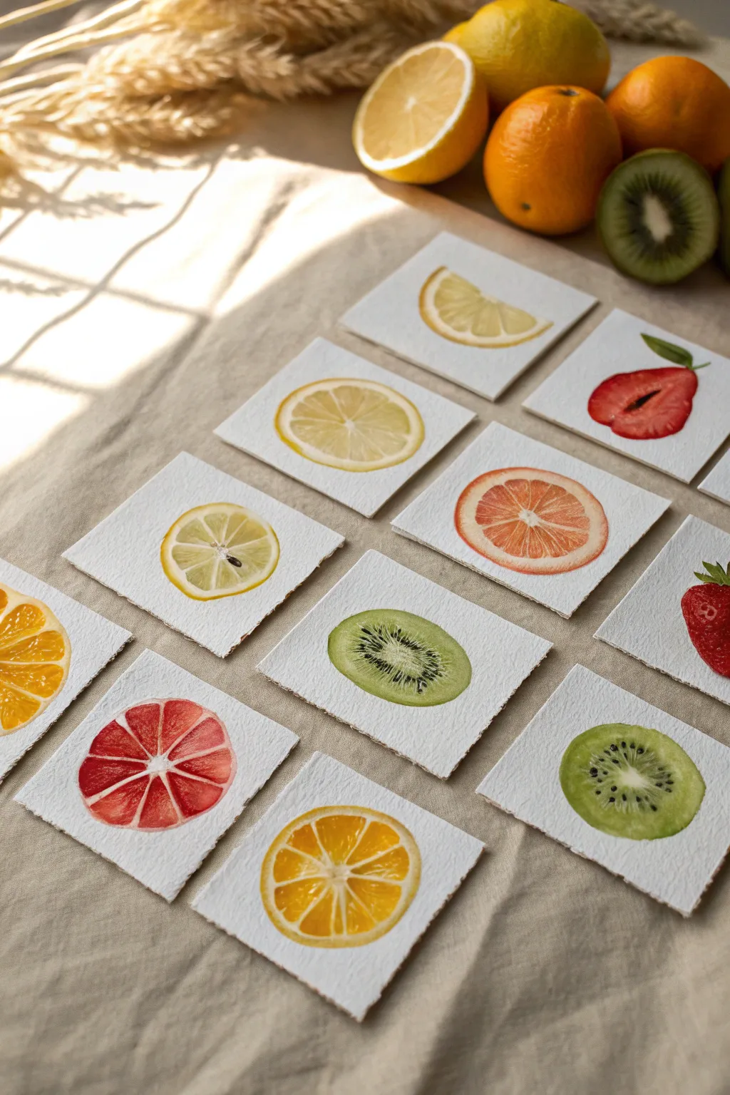 Mini fruit slice watercolor series on paper squares, bright color pops in a clean minimalist grid.