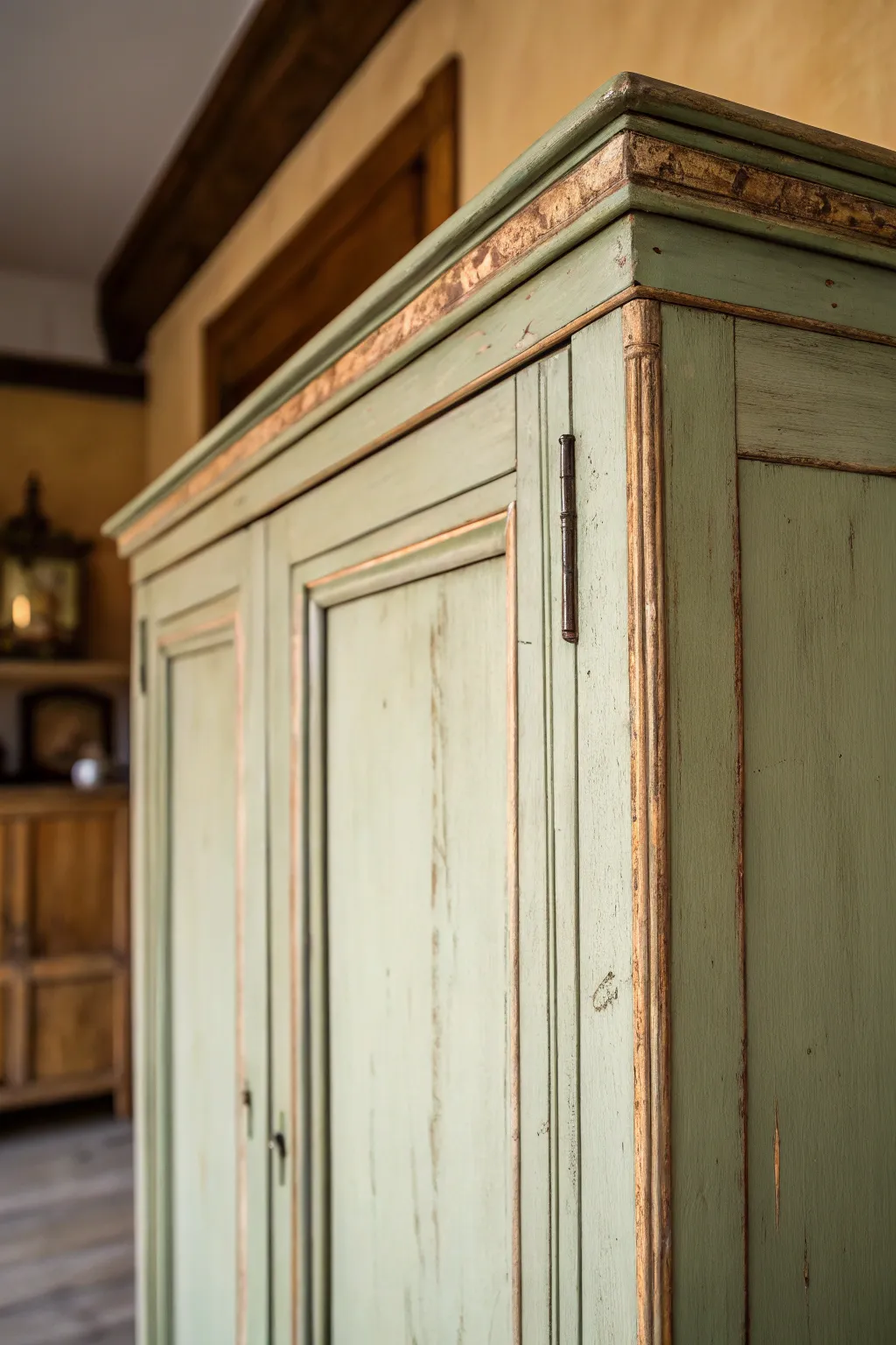 Vintage charm up close: layered paint peeking through softly distressed wardrobe edges.
