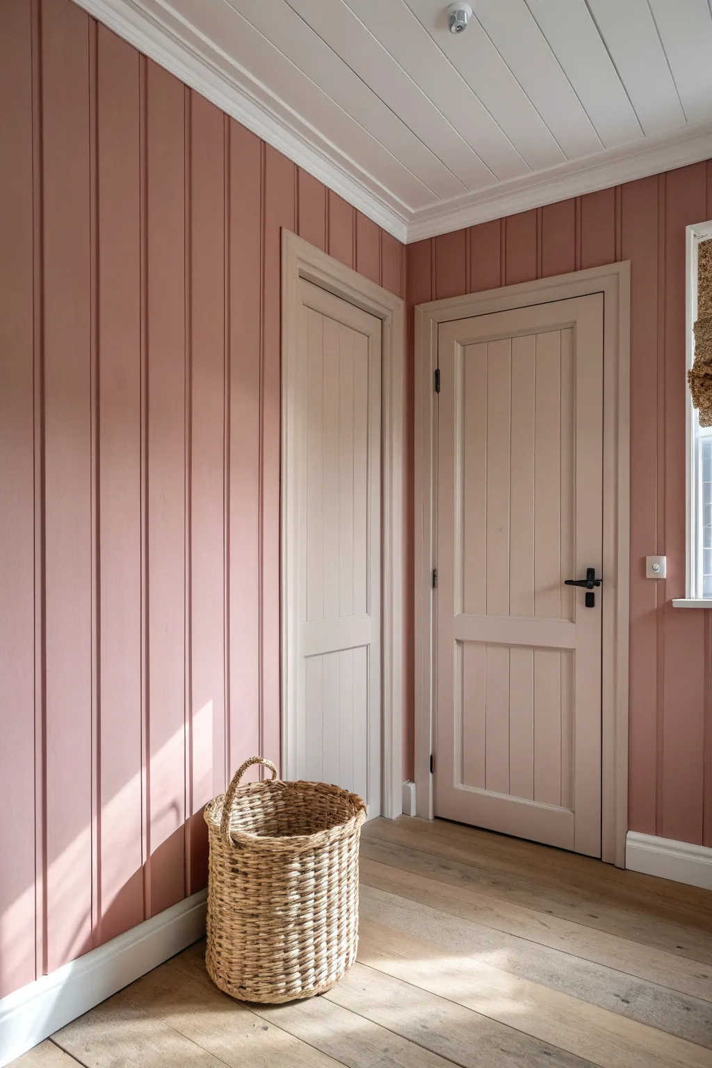 Color-drenched paneling, trim, and door in one soft shade for a seamless wraparound look.