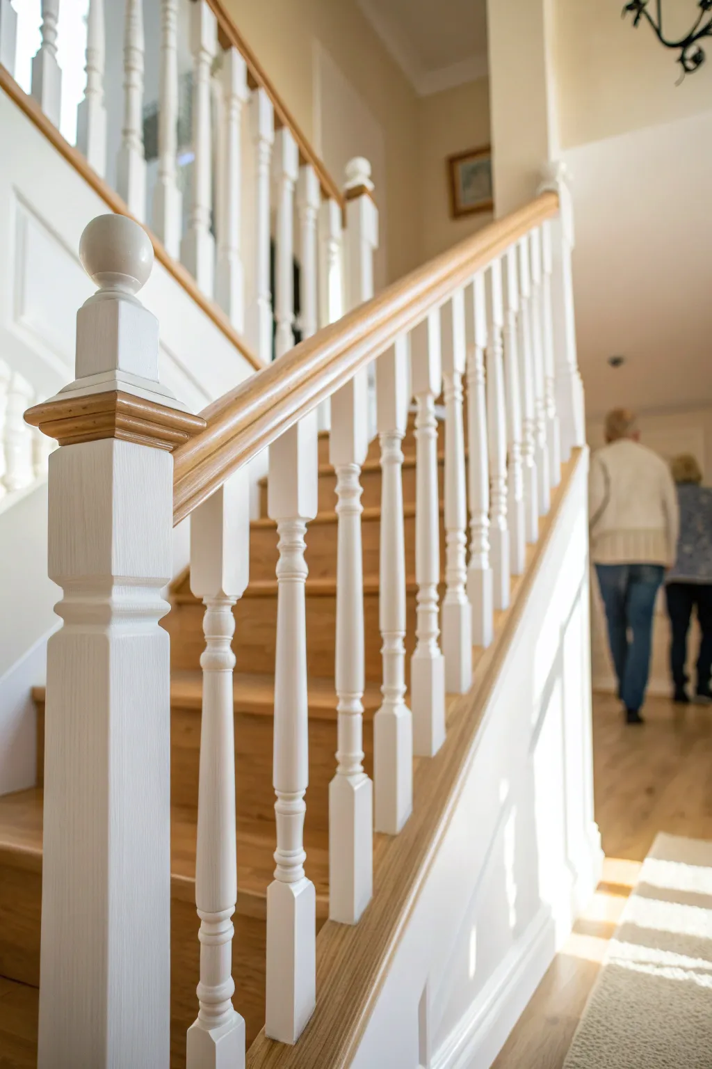 White spindles with matching painted risers bring a crisp, cohesive rhythm to the staircase.