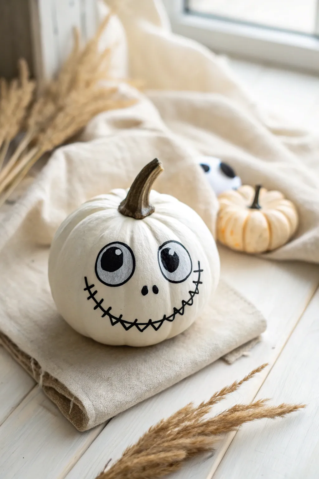 Mini white pumpkin with a creepy-cute monster face in minimalist boho style Halloween paint inspo.