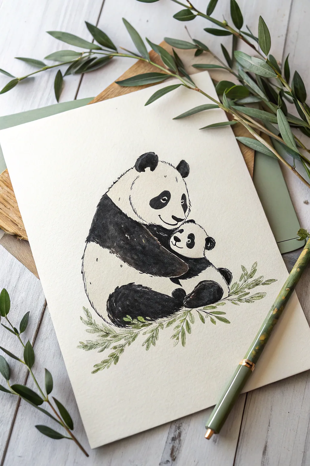 Minimalist mother and cub panda painting in bold black and white with a soft bamboo green accent