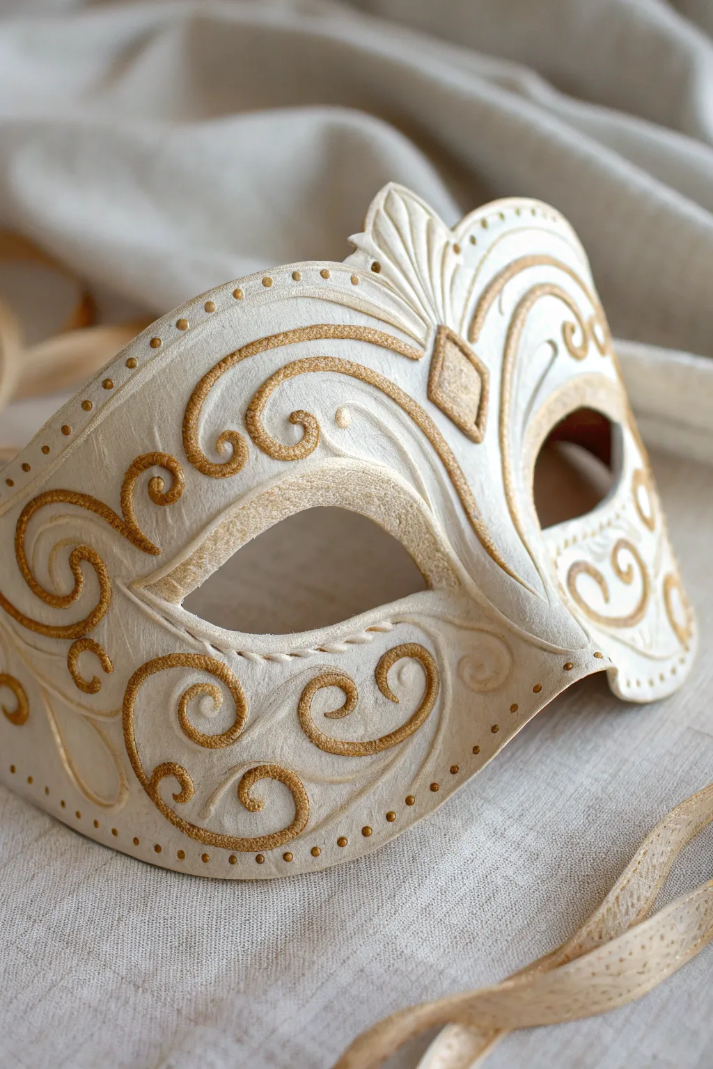 Minimal paper mache half mask with raised scrollwork and soft metallic highlights, close-up detail.