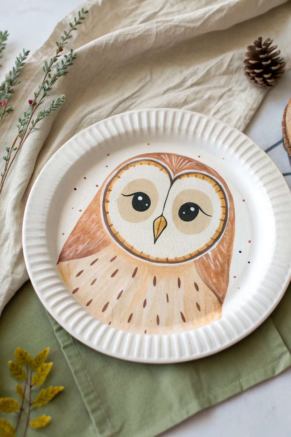 Minimalist owl face paper plate portrait in earthy tones, crisp contrast, and visible brushwork