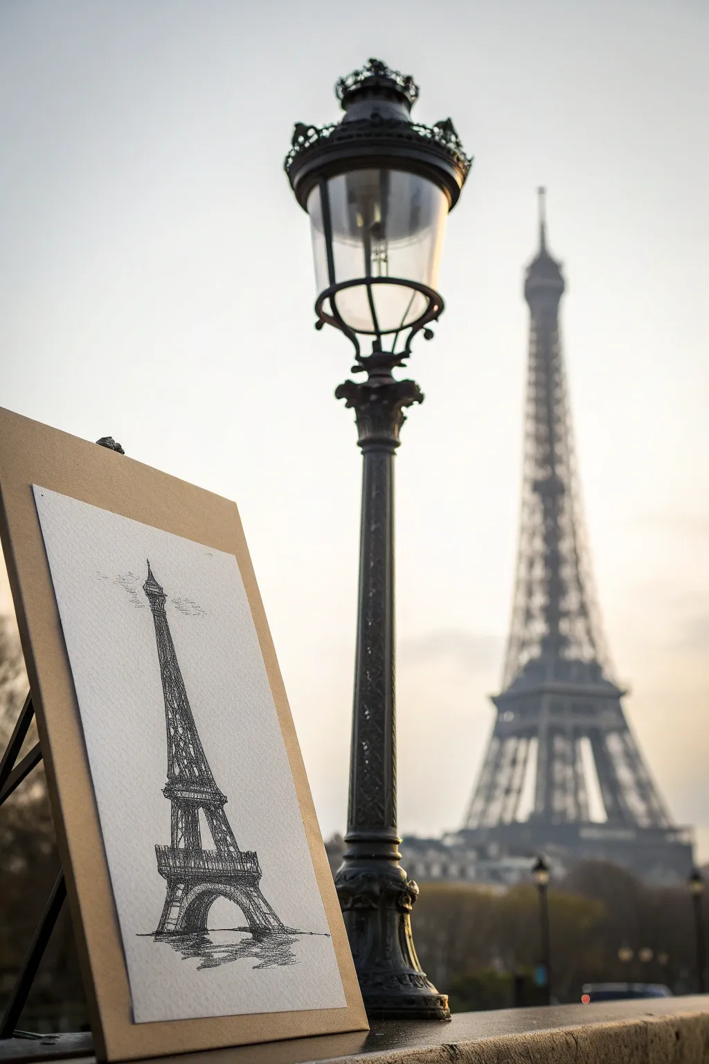 Vintage Paris street lamp ink sketch with a soft Eiffel Tower wash, minimalist and chic