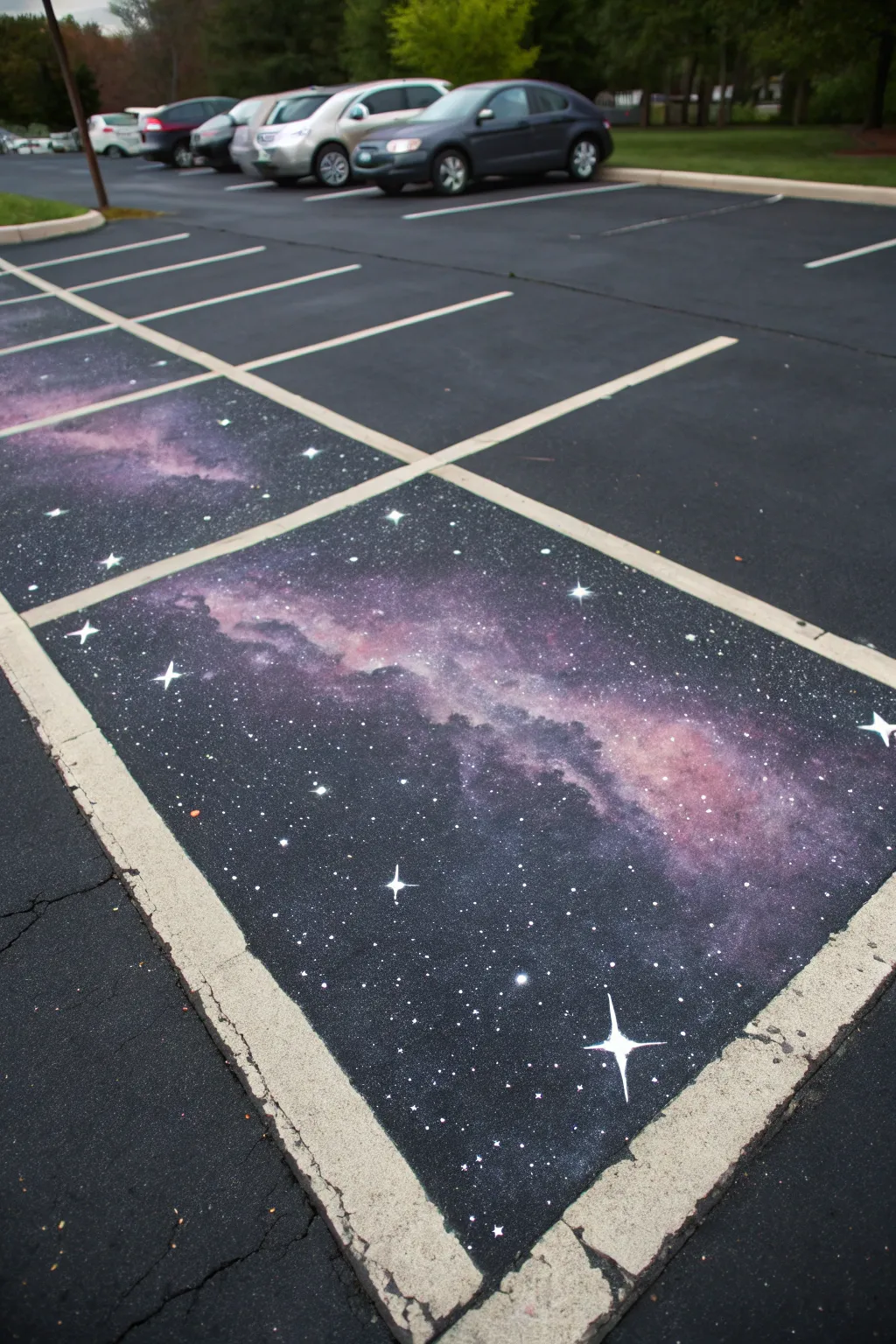 A minimalist galaxy parking space mural with star splatter, soft nebula glow, and crisp white lines.