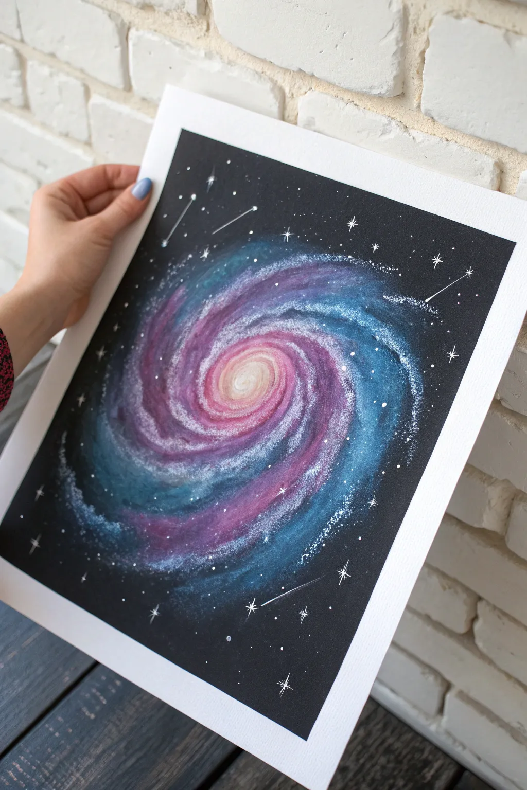 Pastel galaxy swirl: blend magenta, blue, and violet into a dreamy night-sky spiral