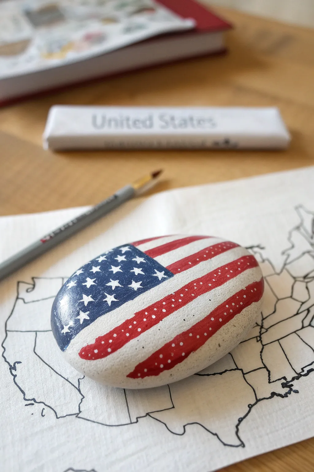 Paint a minimalist USA flag fill on a smooth rock for an elegant patriotic craft display