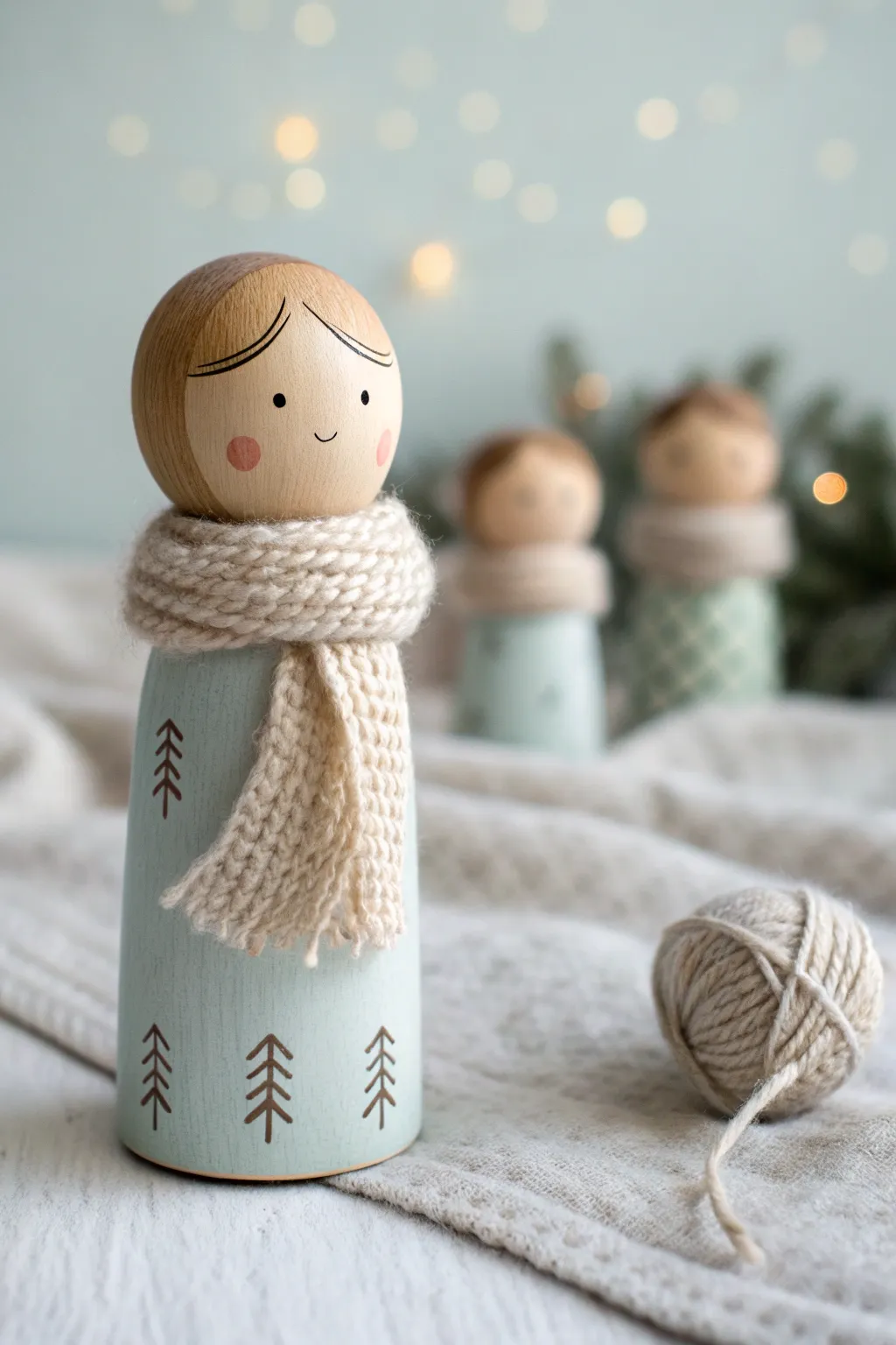 Cozy winter peg doll painting idea with scarf details and minimalist Scandinavian vibes