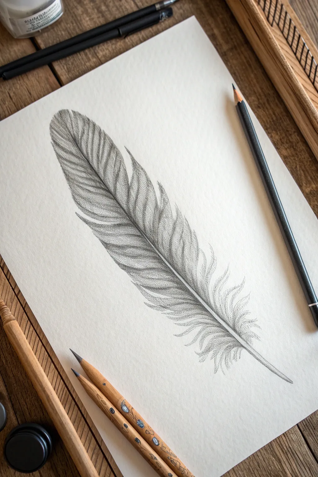 A single feather study with layered soft values, perfect for practicing gentle pencil shading control.