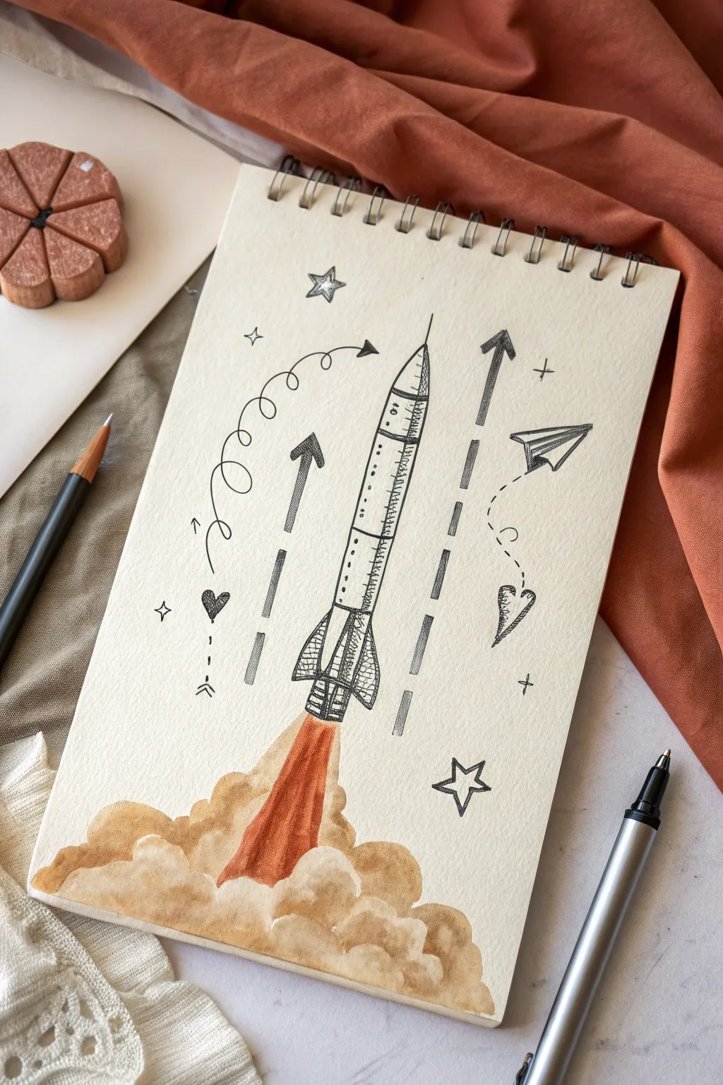 Minimal rocket launch sketch with force vectors, perfect physics drawing idea for beginners