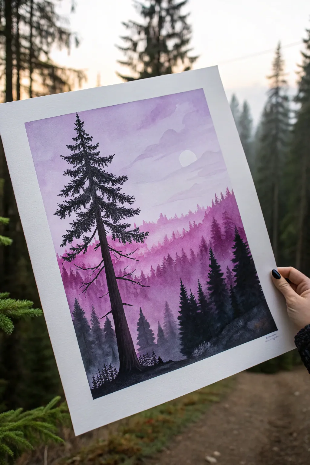 Fantasy forest painting: dark purple silhouettes with misty layers and a glowing pink light