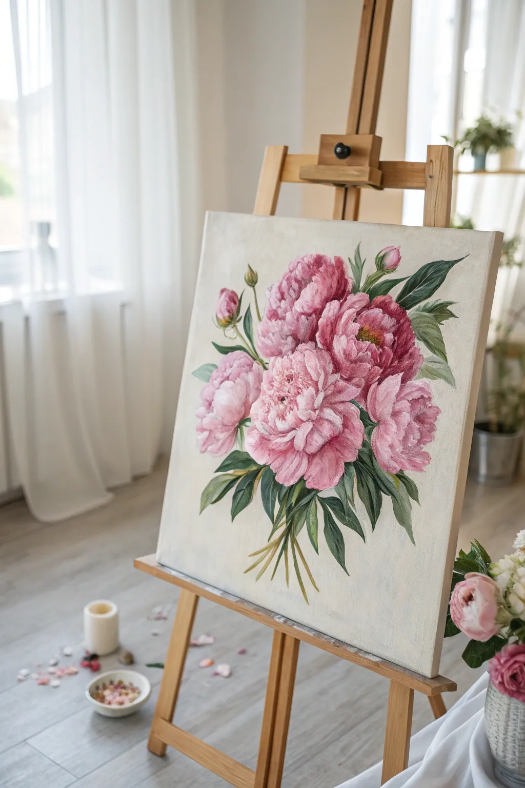 Loose pink peony bouquet on canvas, blush to magenta strokes with soft green accents.