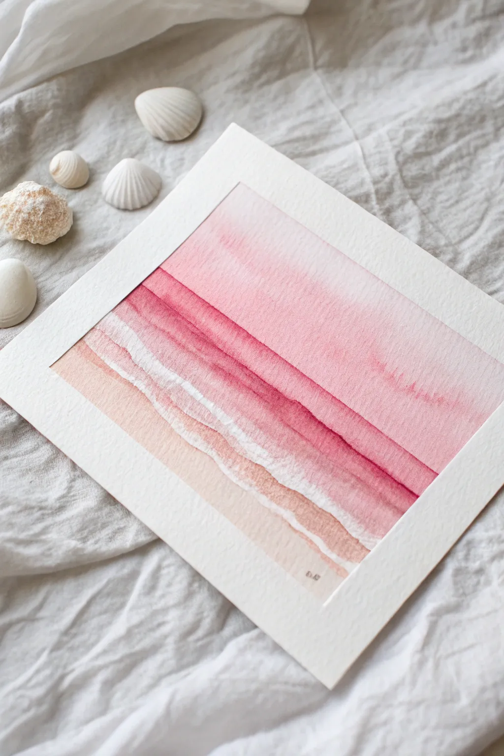 Minimal pink ocean bands with one clean wave line and tiny white foam dabs, simple and dreamy