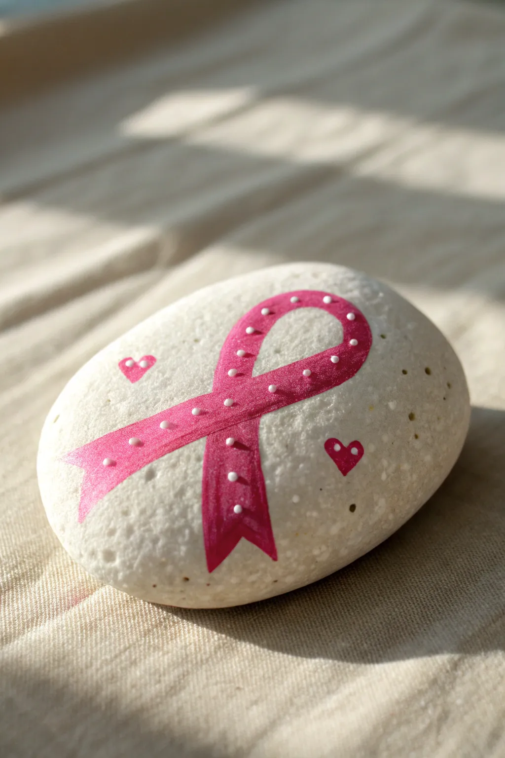 Paint a minimalist pink ribbon rock with gentle sparkles for a calming, hopeful touch.