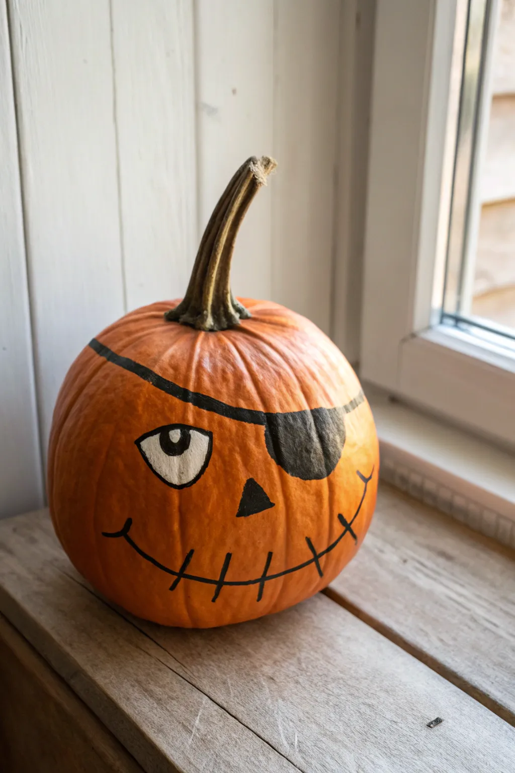 Sideways pumpkin pirate with stem nose, simple eyepatch and bold features in a cozy minimal style