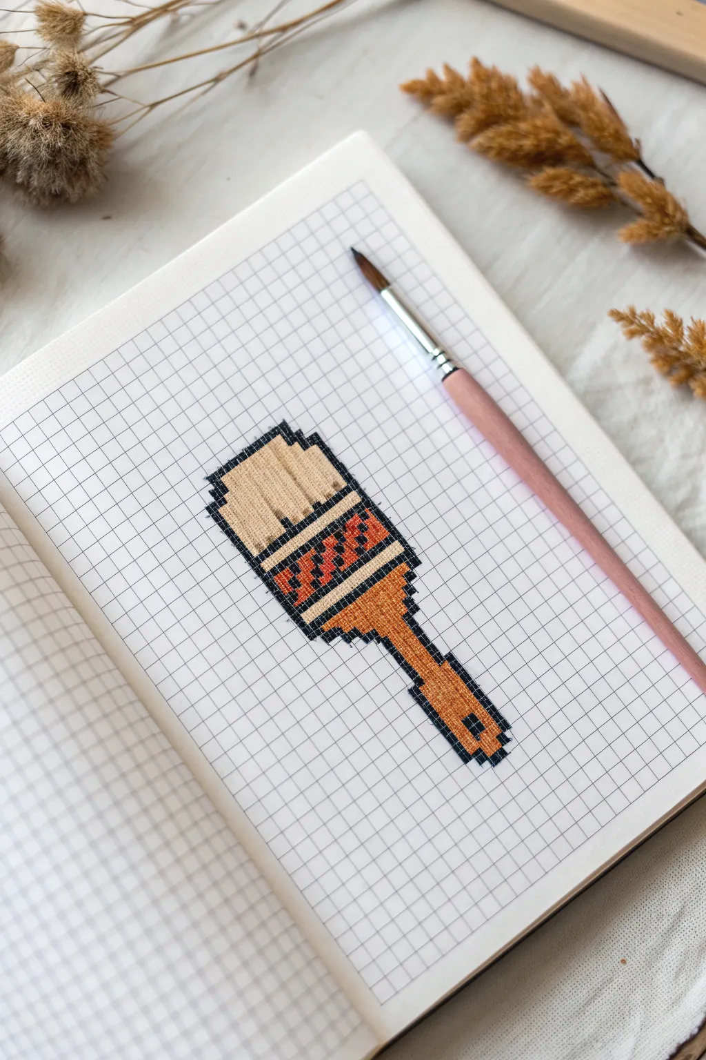 Minimal pixel paintbrush on a grid, cozy Scandinavian palette and crisp contrast for daily tool ideas
