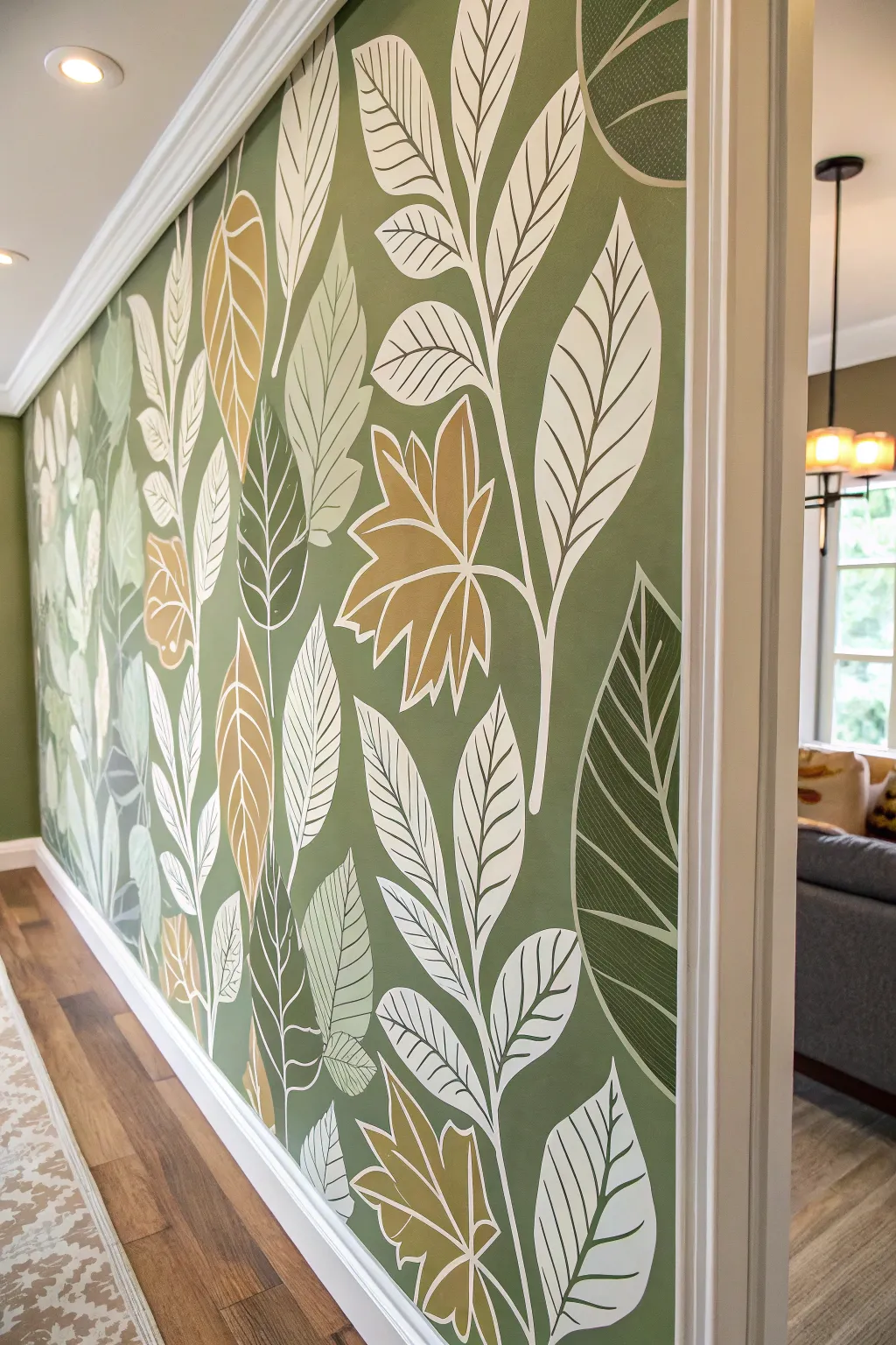 Minimal leaf stencils in olive, sage and cream bring quick, modern impact to any wall.