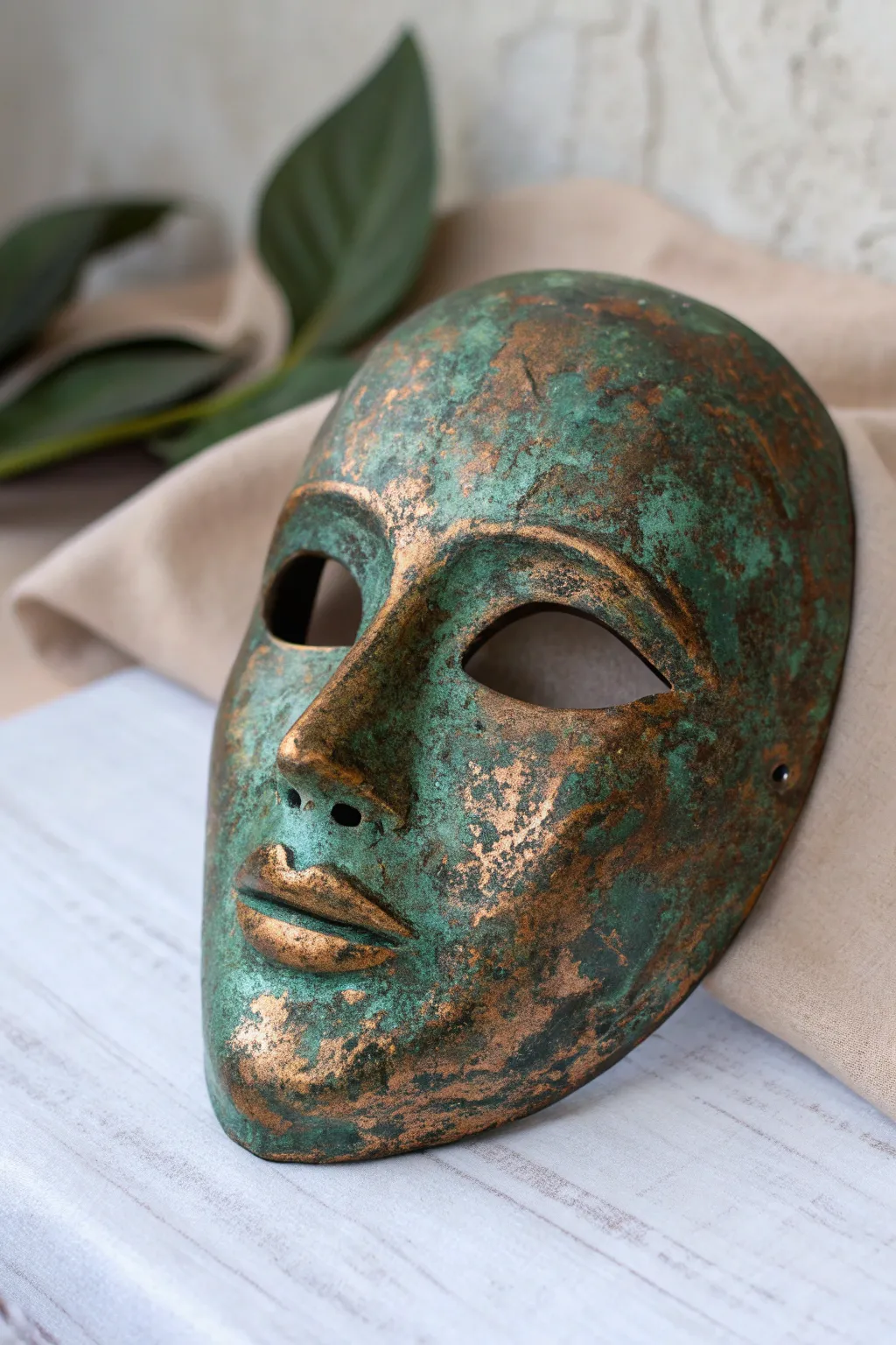 Copper verdigris plaster mask inspiration for a minimalist museum mood metallic patina finish