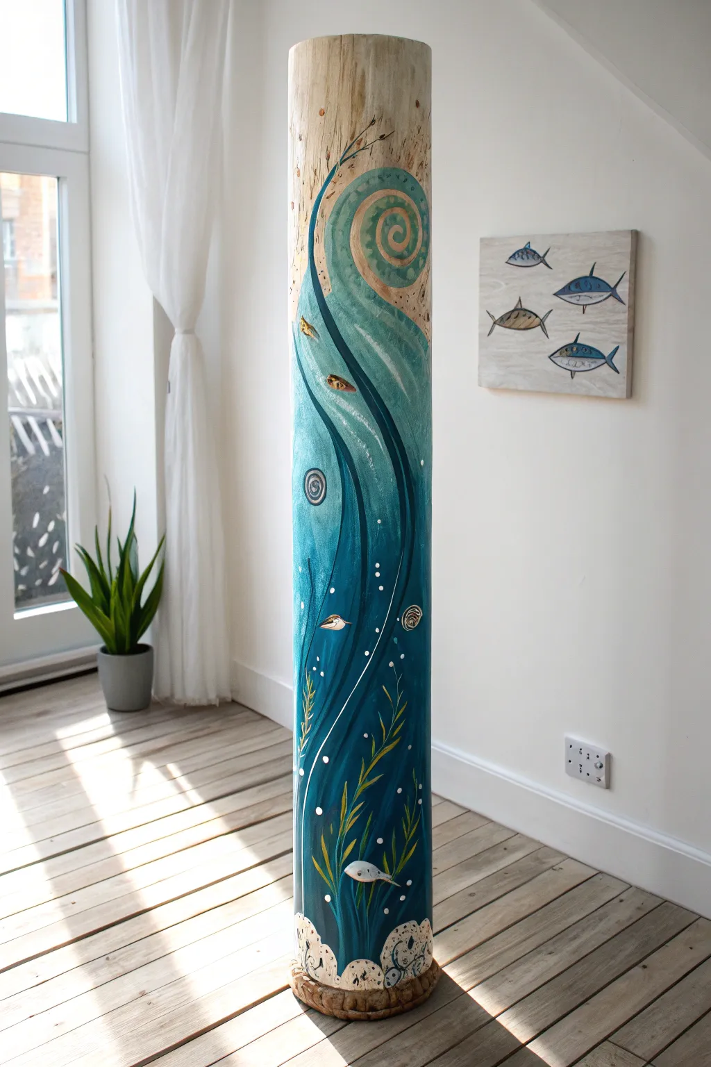 Ocean spiral pole painting idea with fish, bubbles, and kelp rising in calm coastal tones