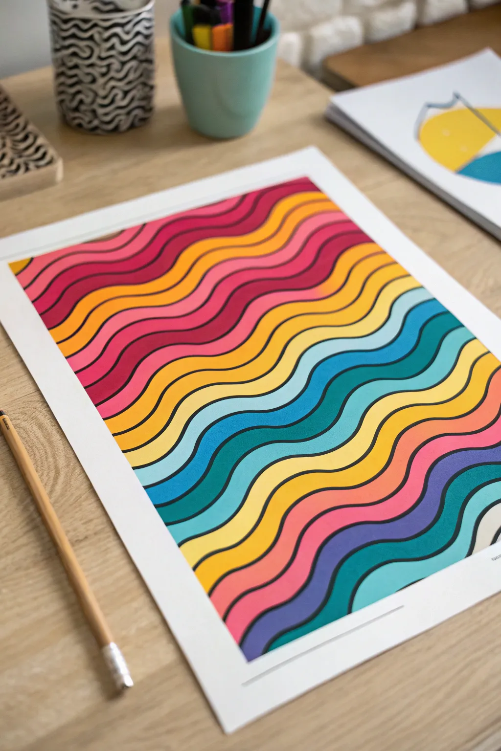 Bold wavy retro color bands with crisp black outlines, a pop-art backdrop study to paint.