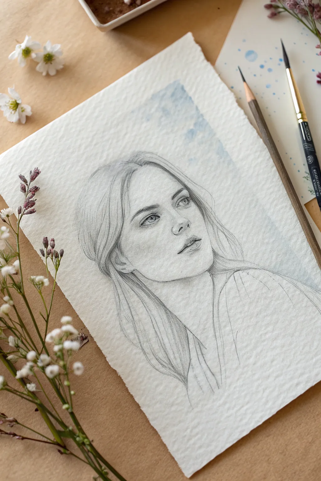 Add calm depth with a soft watercolor wash behind your pencil portrait, subtle and modern.