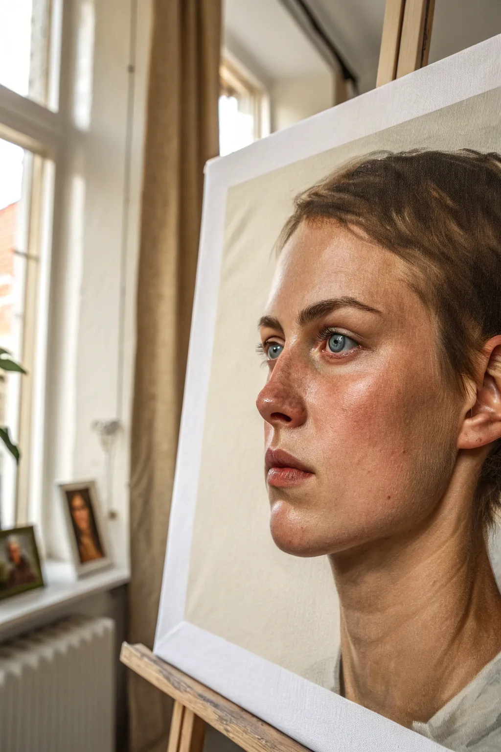 Close-cropped portrait study that fills the frame, highlighting nose and lips with bold contrast