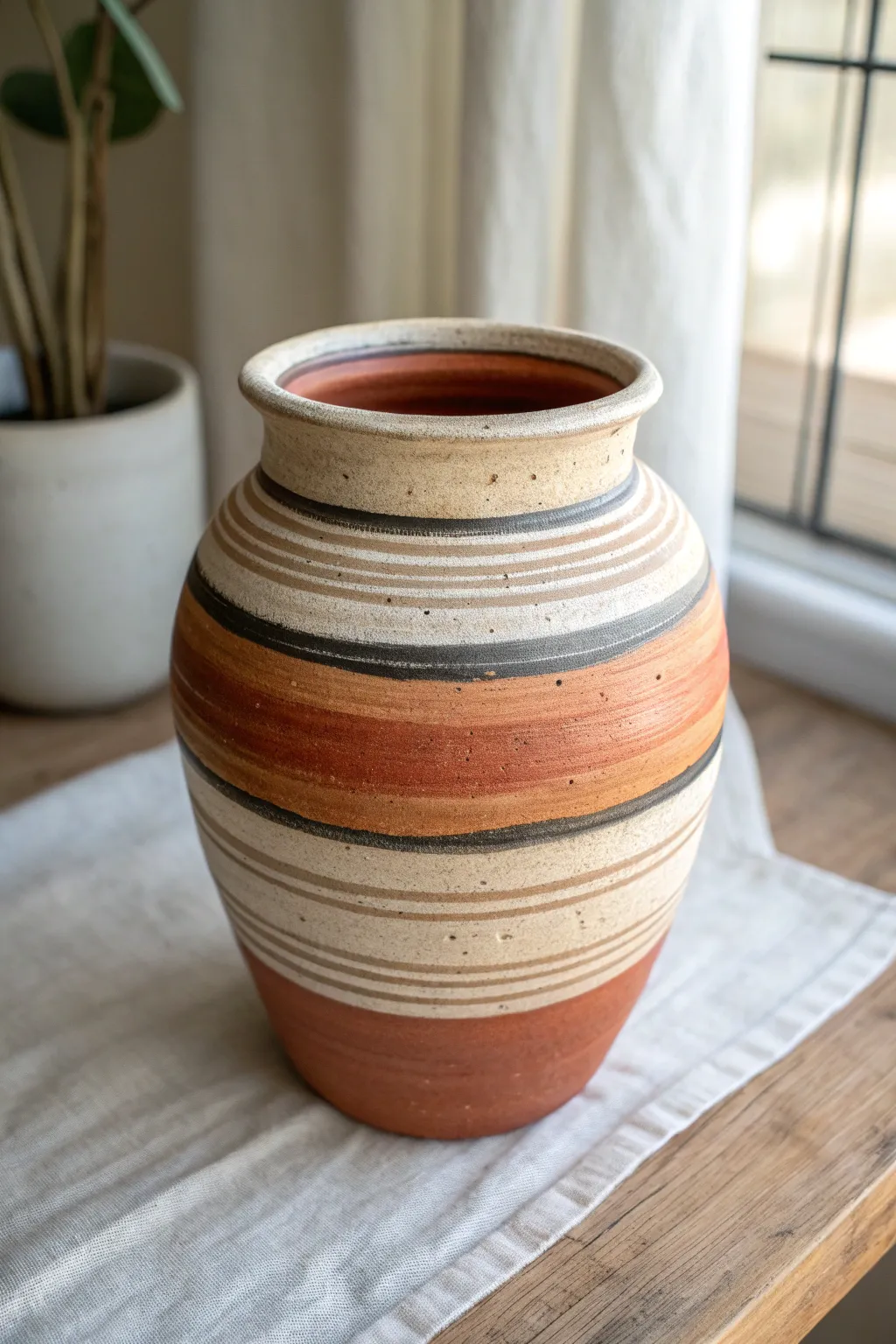 Modern striped pot with thick and thin bands, minimalist palette, perfect for easy drawing practice