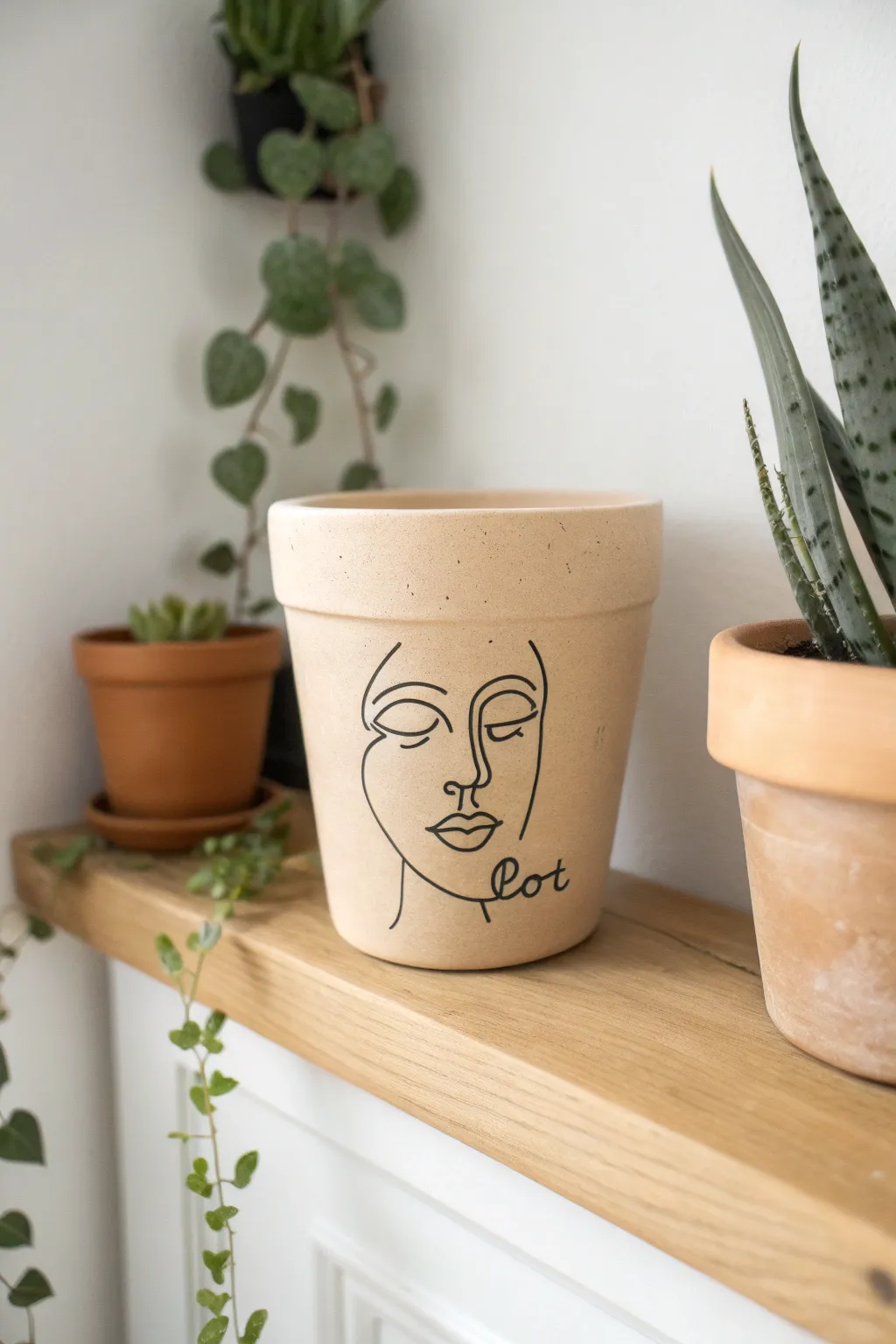 Minimal line art face pot in soft neutrals, styled simply for a calm Scandinavian shelf look