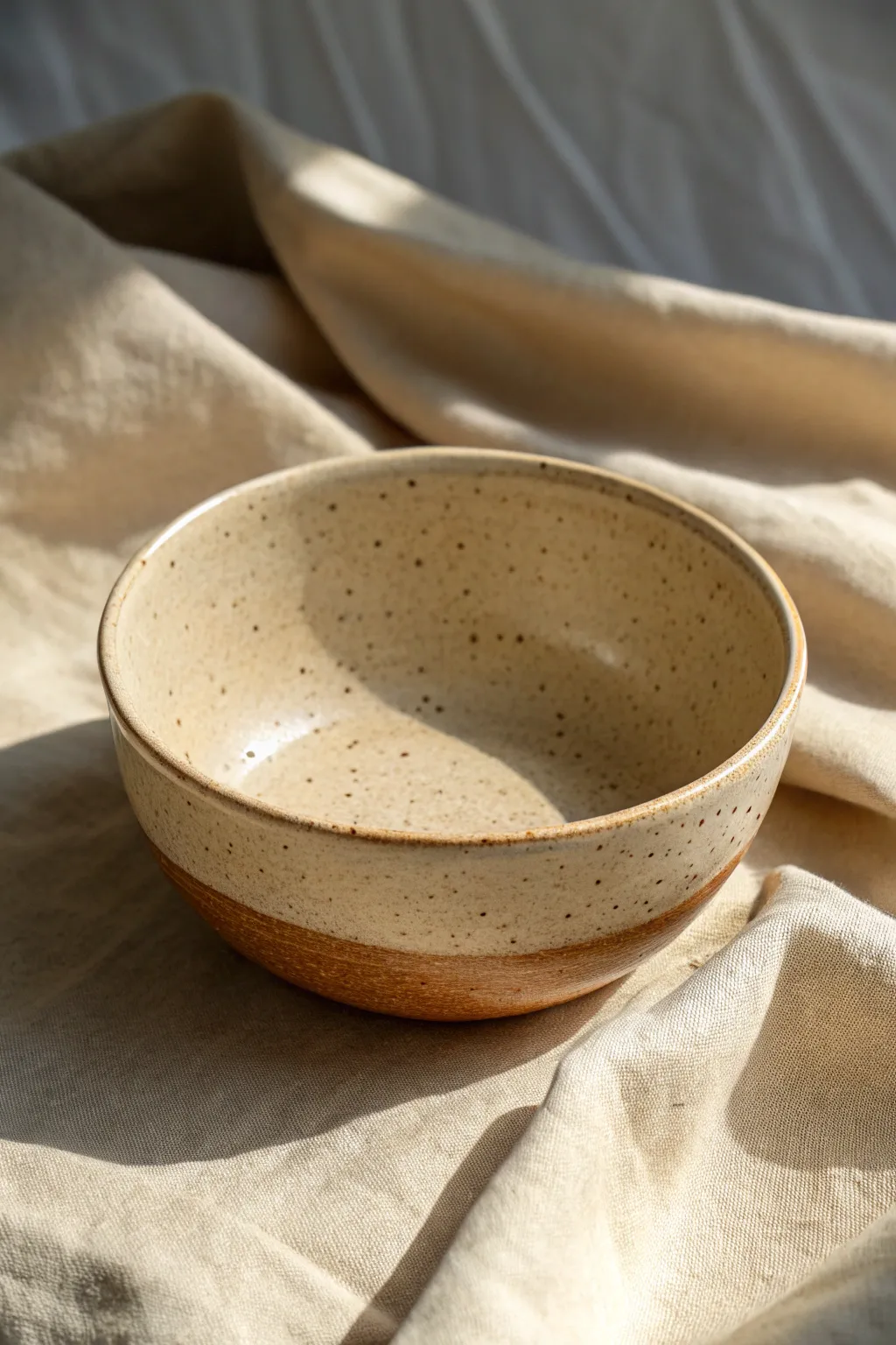 Cozy speckled stoneware bowl on linen, minimalist and warm with freckled glaze detail