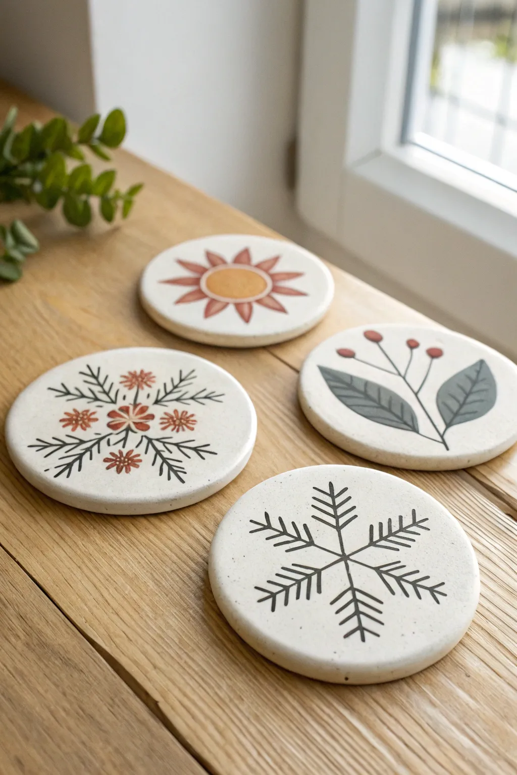 Seasonal mini motifs on handmade ceramic coasters: flower, sun, leaf, and snowflake in calm tones