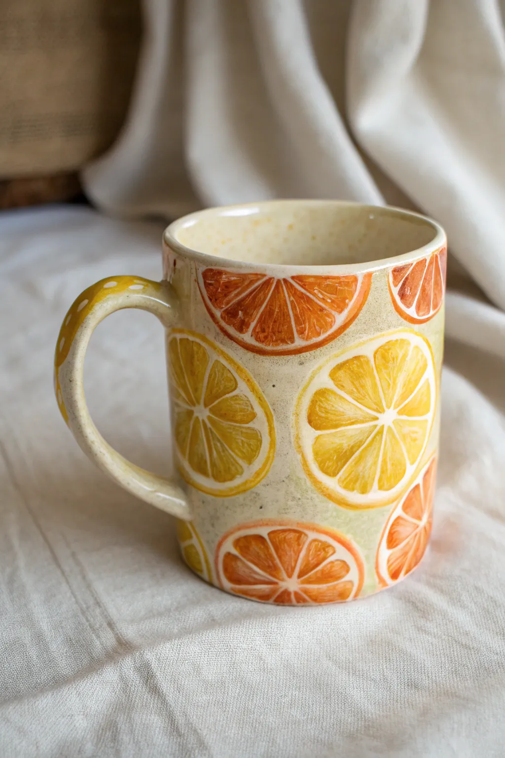 Bright citrus slice repeat pattern on a glazed mug for sunny, fresh pottery painting energy
