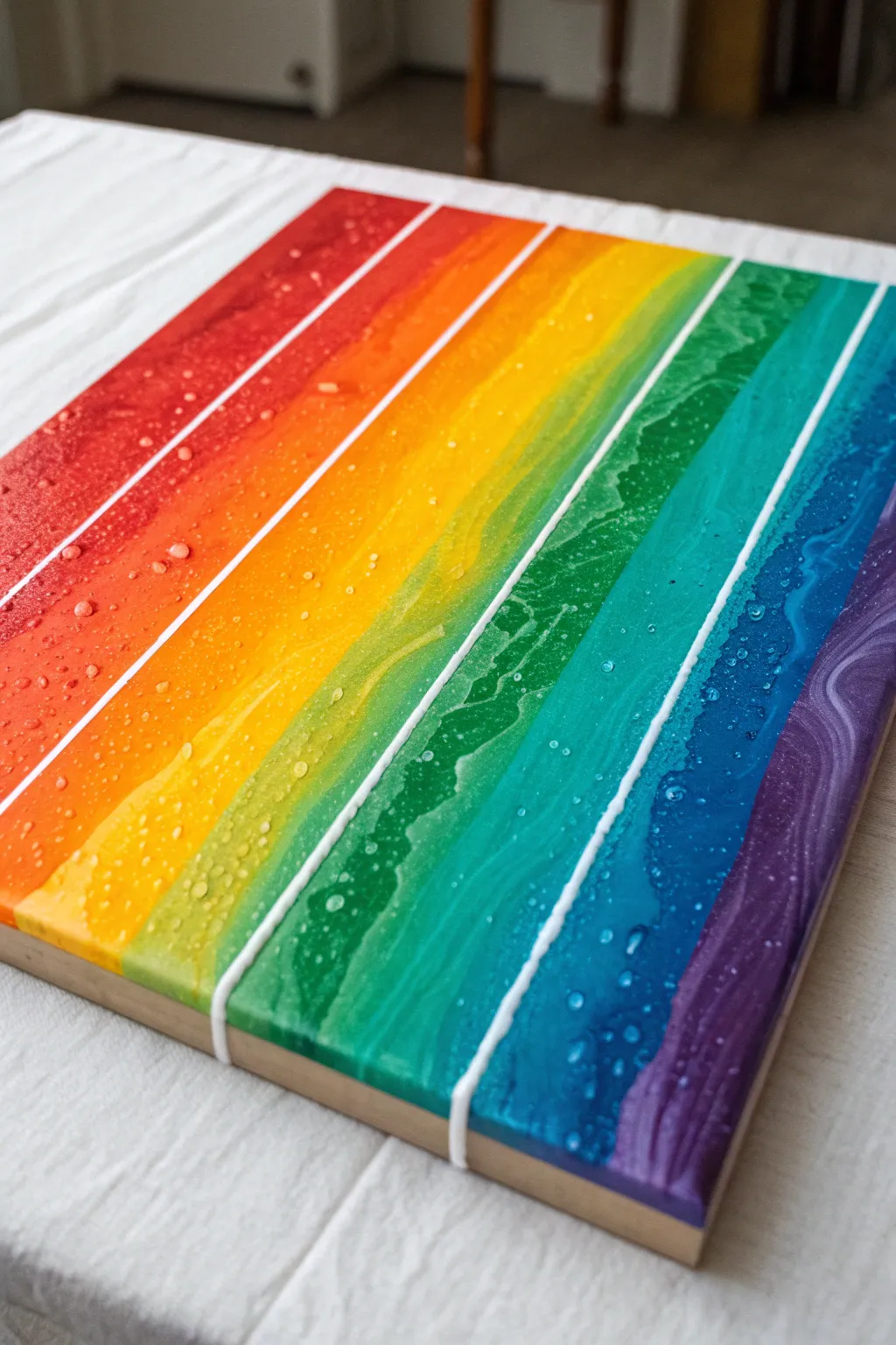 Crisp rainbow pour stripes with clean white separators for a modern, minimal acrylic look.