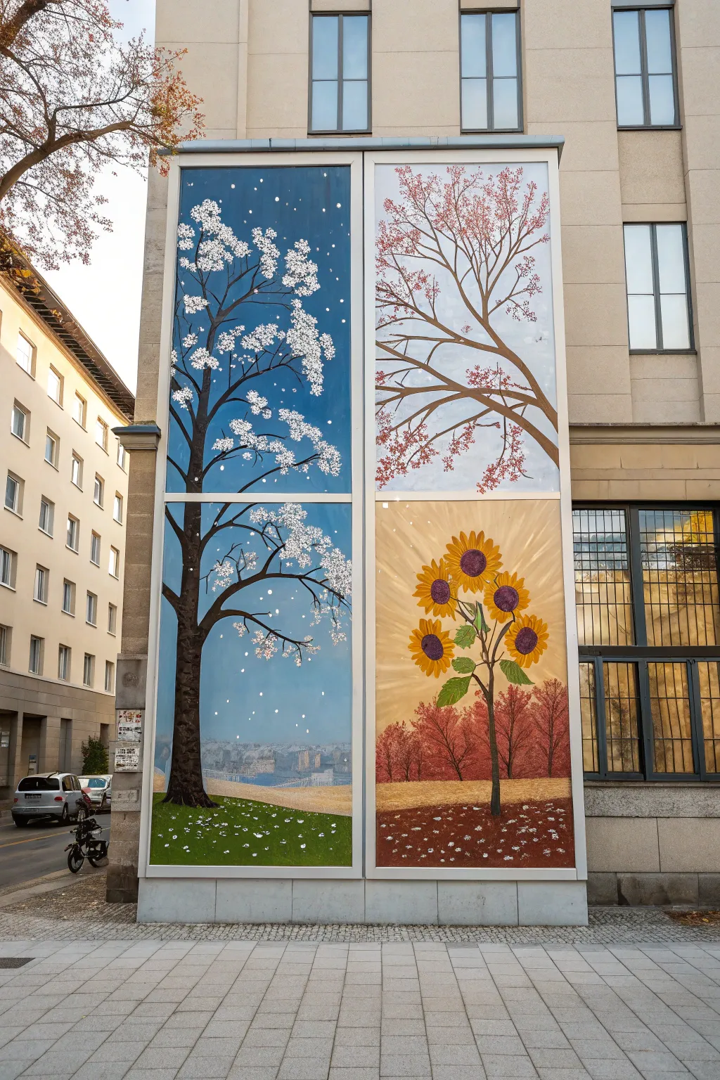 Four seasons preschool mural idea: one tree silhouette repeated to show spring through winter
