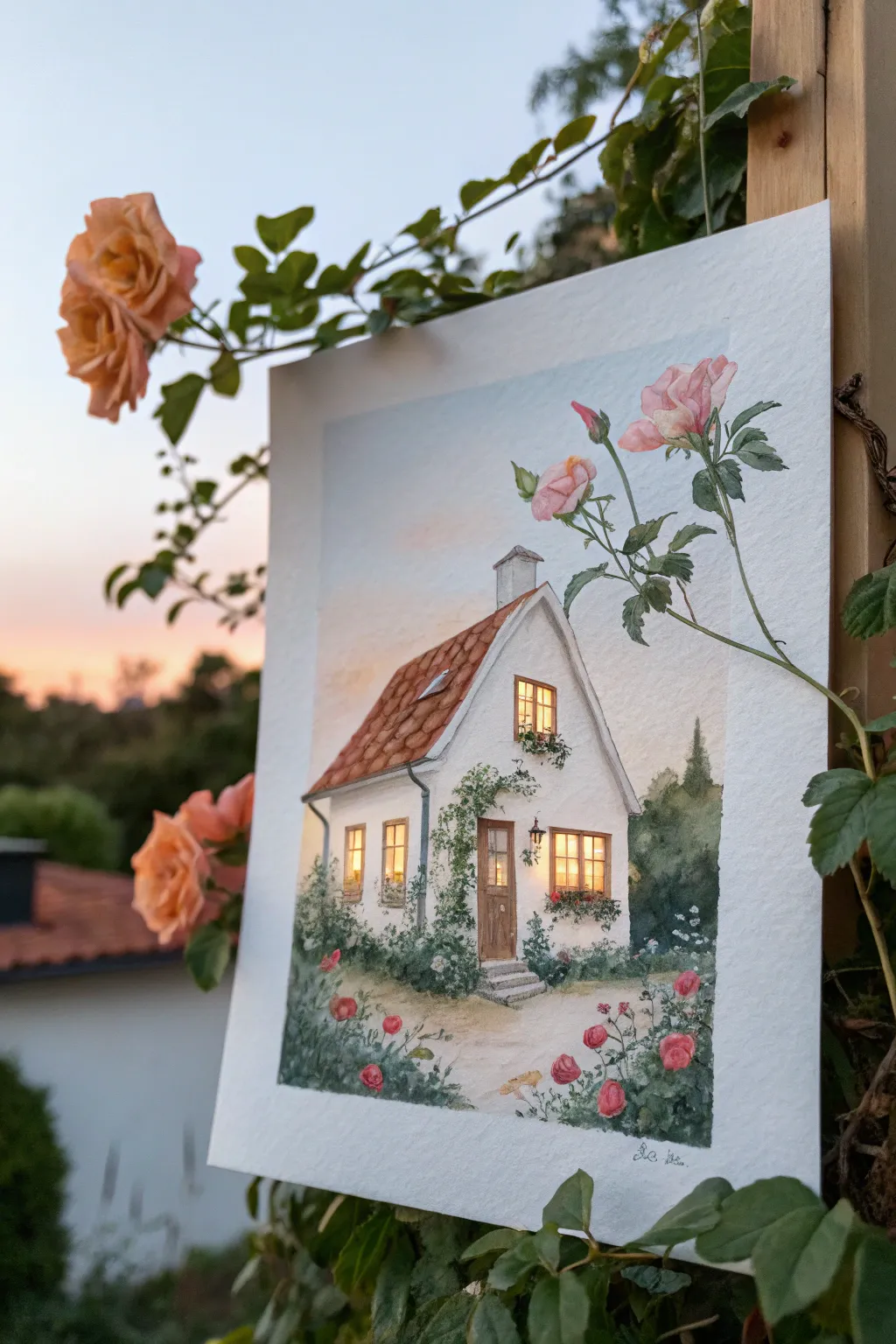 Cozy cottage painting idea with warm windows and climbing flowers in minimalist boho style