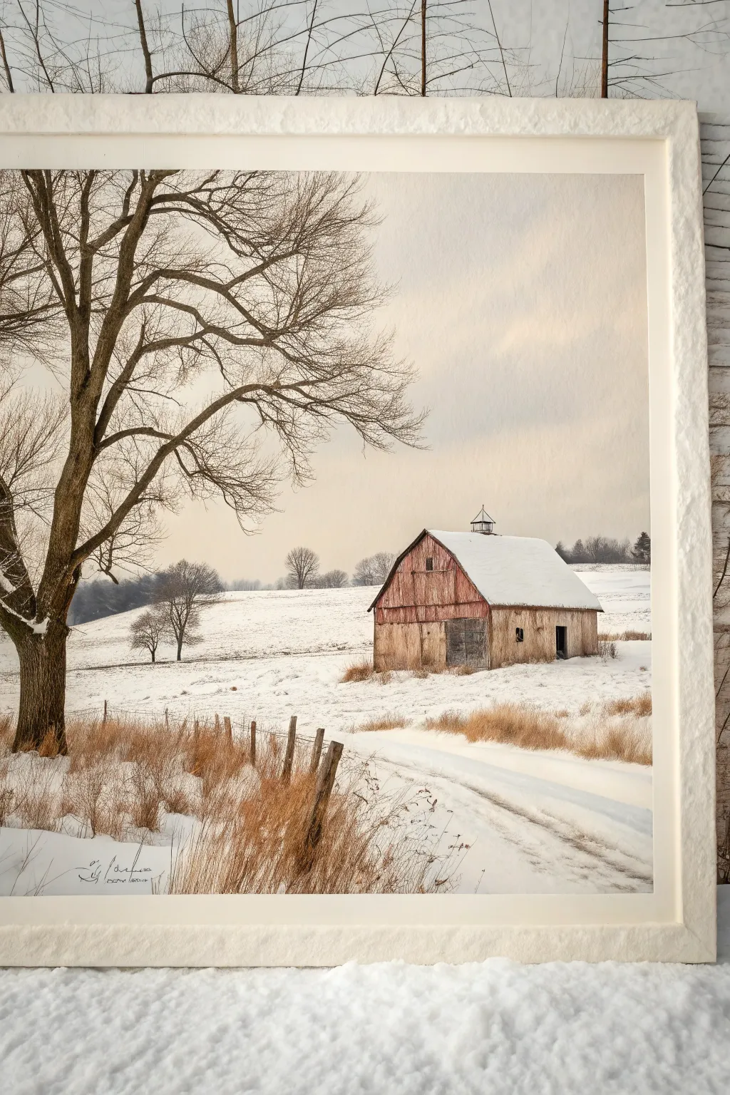 Primitive winter farm painting in soft neutrals, simple barn and snowy fields for cozy calm.