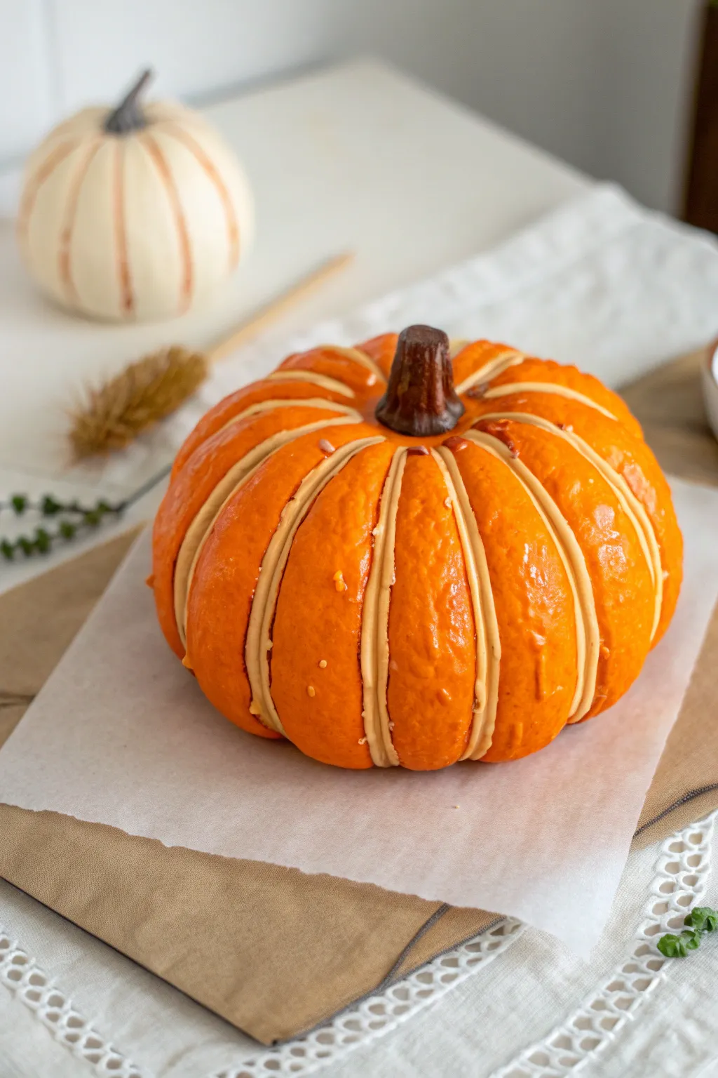 Puffy paint pumpkin segments in a minimalist Scandinavian style, glossy ridges and cozy contrast.