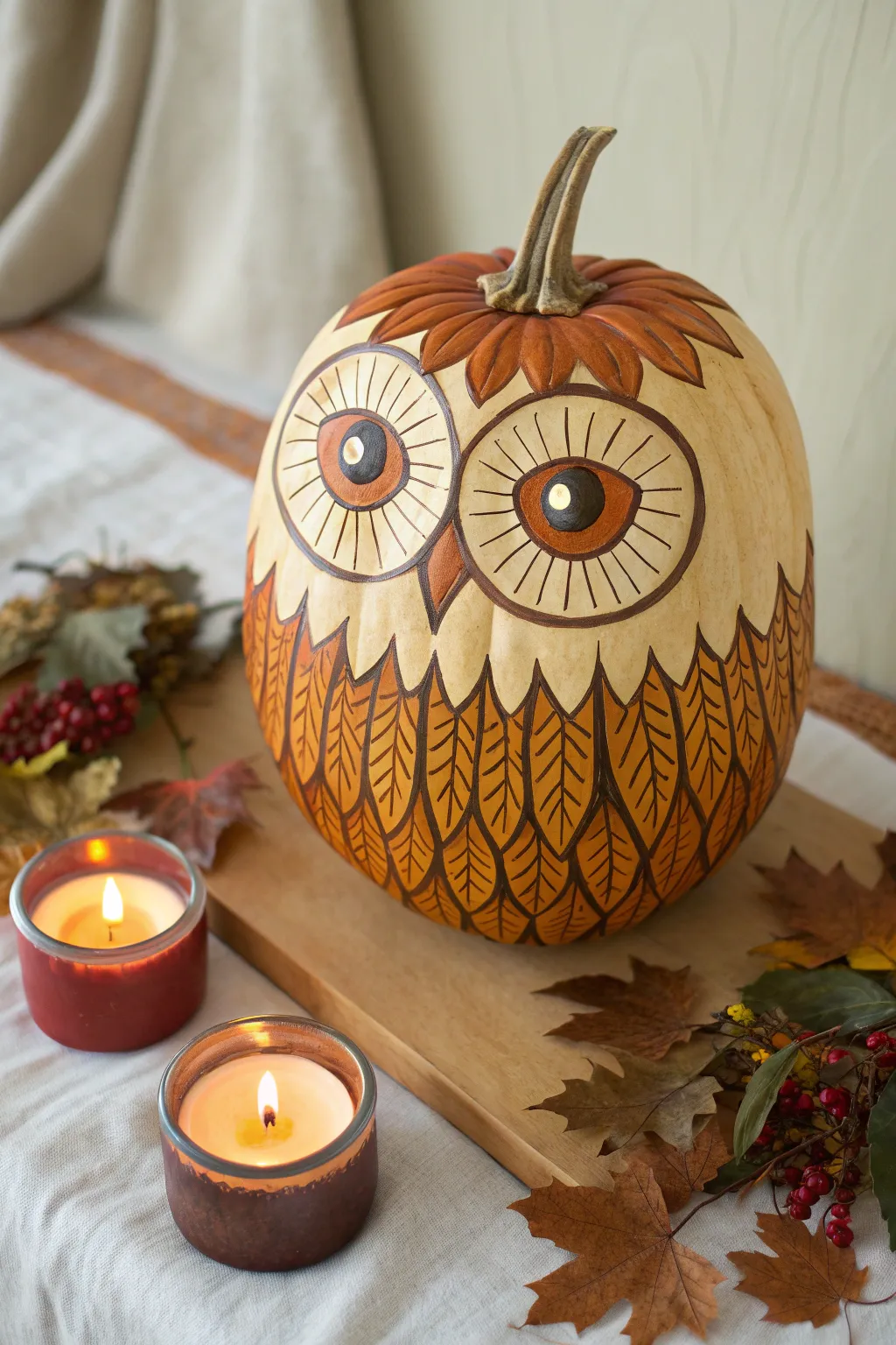 Owl pumpkin with glowing carved eyes and hand painted feather layers in warm autumn tones