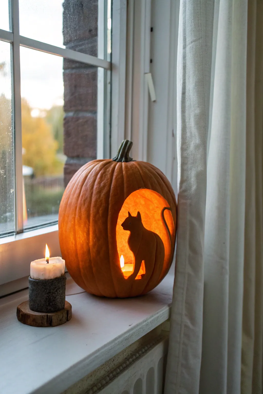 Minimal pumpkin carving with a crisp glowing cat silhouette, cozy Scandinavian windowsill mood.