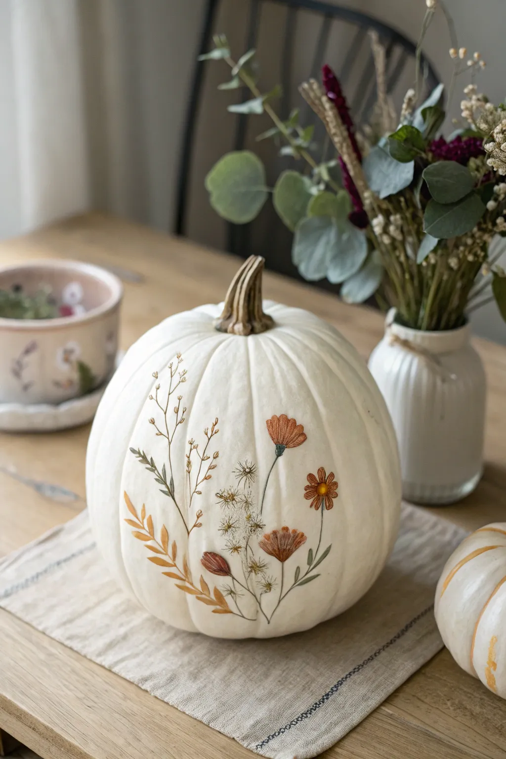 Minimalist pumpkin with delicate wildflower bouquet paint, glowing in warm autumn sunlight.