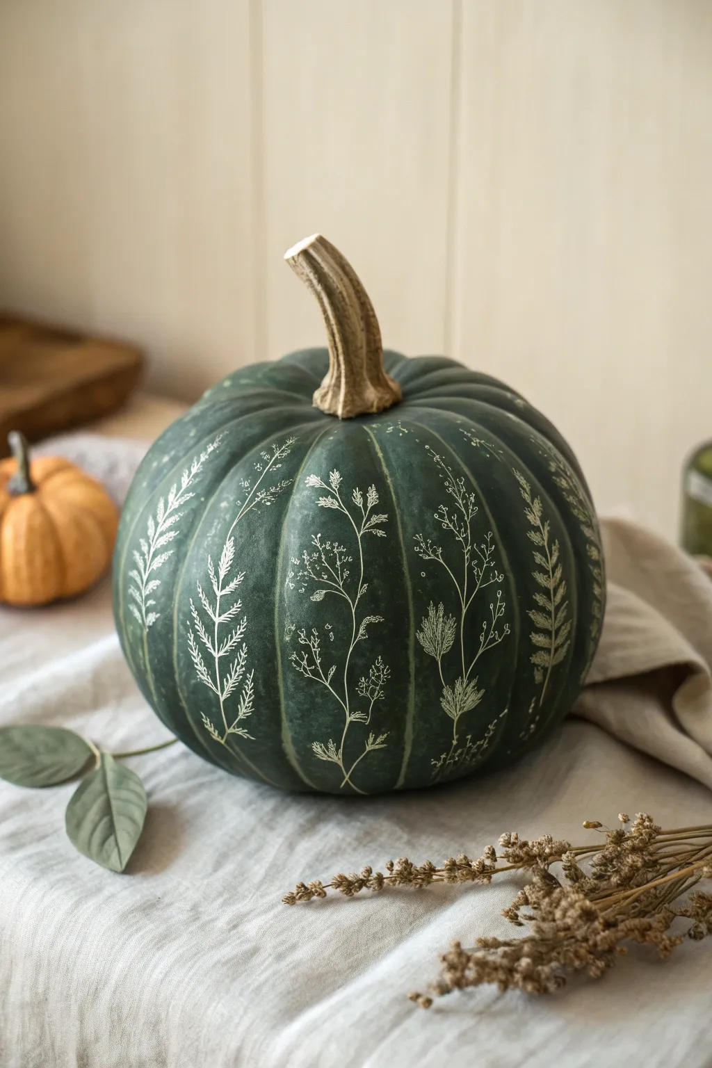 Moody charcoal-green pumpkin with delicate botanical silhouettes for elegant adult autumn decor