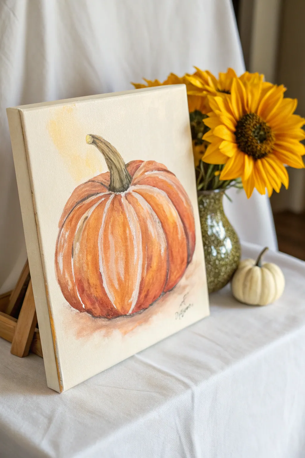 Minimalist pumpkin canvas with a sunny sunflower corner accent in warm, high-contrast tones.