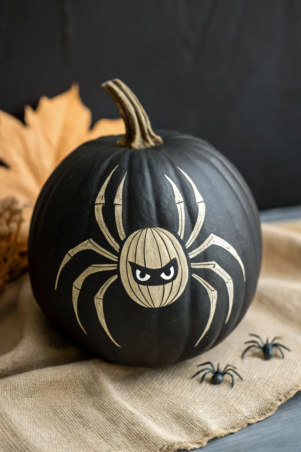 Scary angular spider face on a black pumpkin, minimalist and moody for Halloween painting