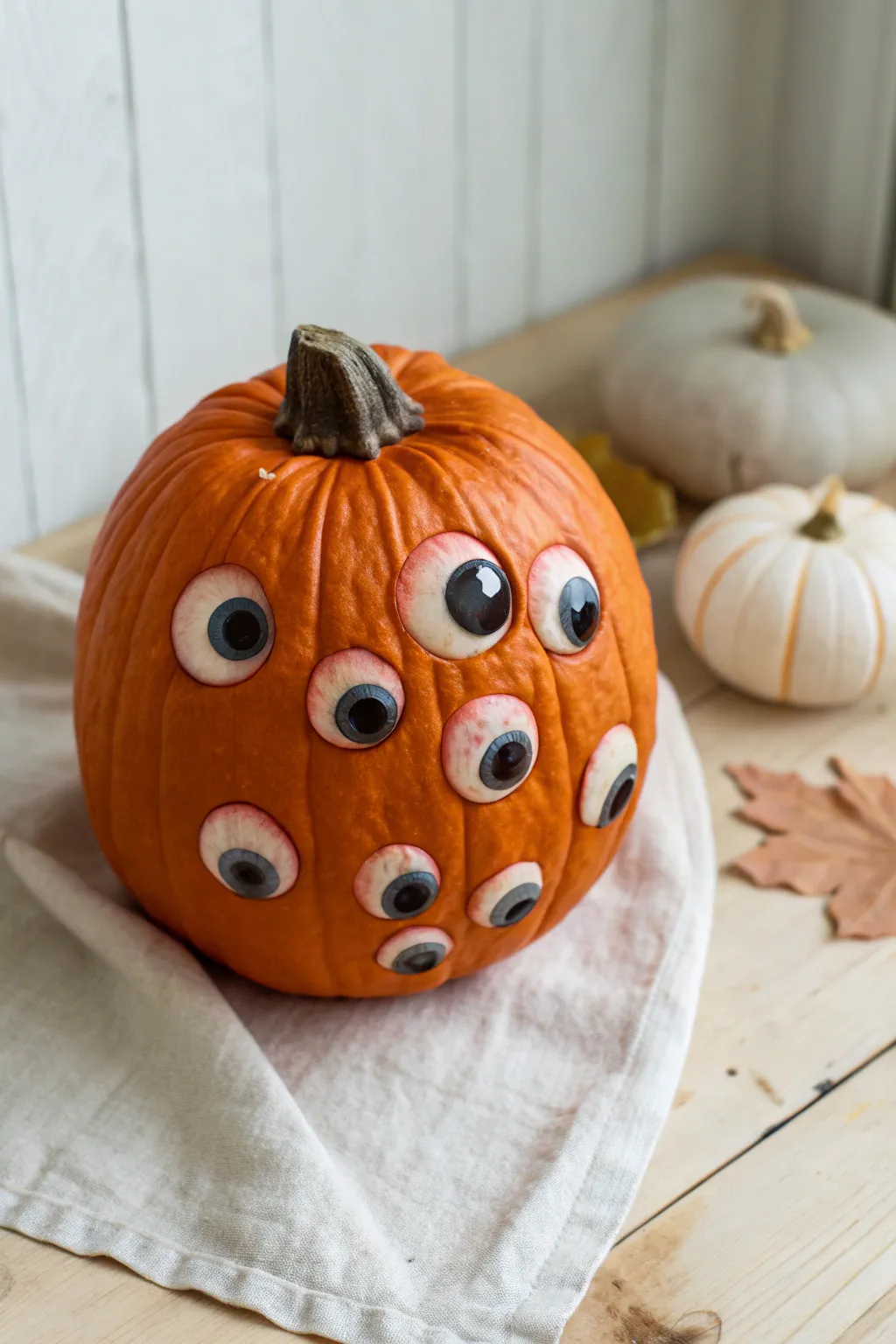 Handcrafted eyeball-socket pumpkin in clean Nordic style, glossy painted eyes and eerie contrast.